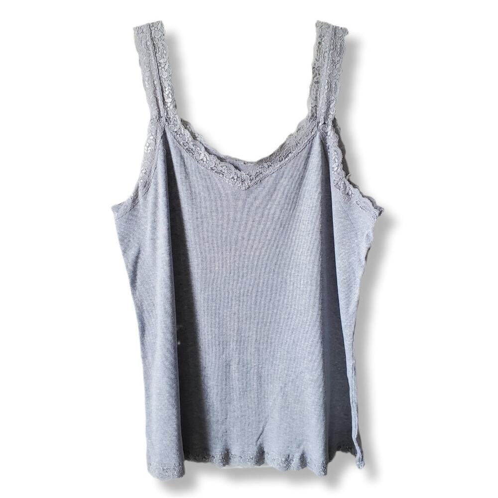 Women Y2K Gray Ribbed Lace Trim Cami Tank Top Plus Size 3X Stretch Layering